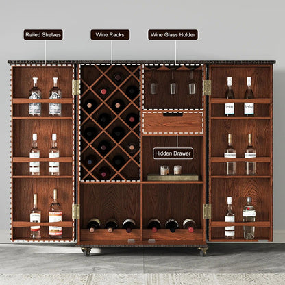 Industrial Black Leather Fold Out Home Bar Cabinet on Wheels with Storage Bar Table - 