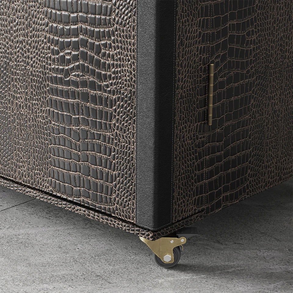 Industrial Black Leather Fold Out Home Bar Cabinet on Wheels with Storage Bar Table - 