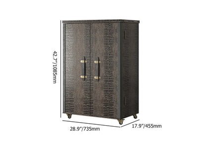 Industrial Black Leather Fold Out Home Bar Cabinet on Wheels with Storage Bar Table - 