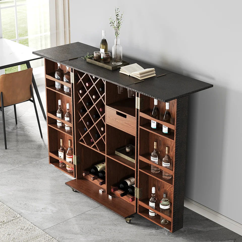 Industrial Black Leather Fold Out Home Bar Cabinet on Wheels with Storage Bar Table - 