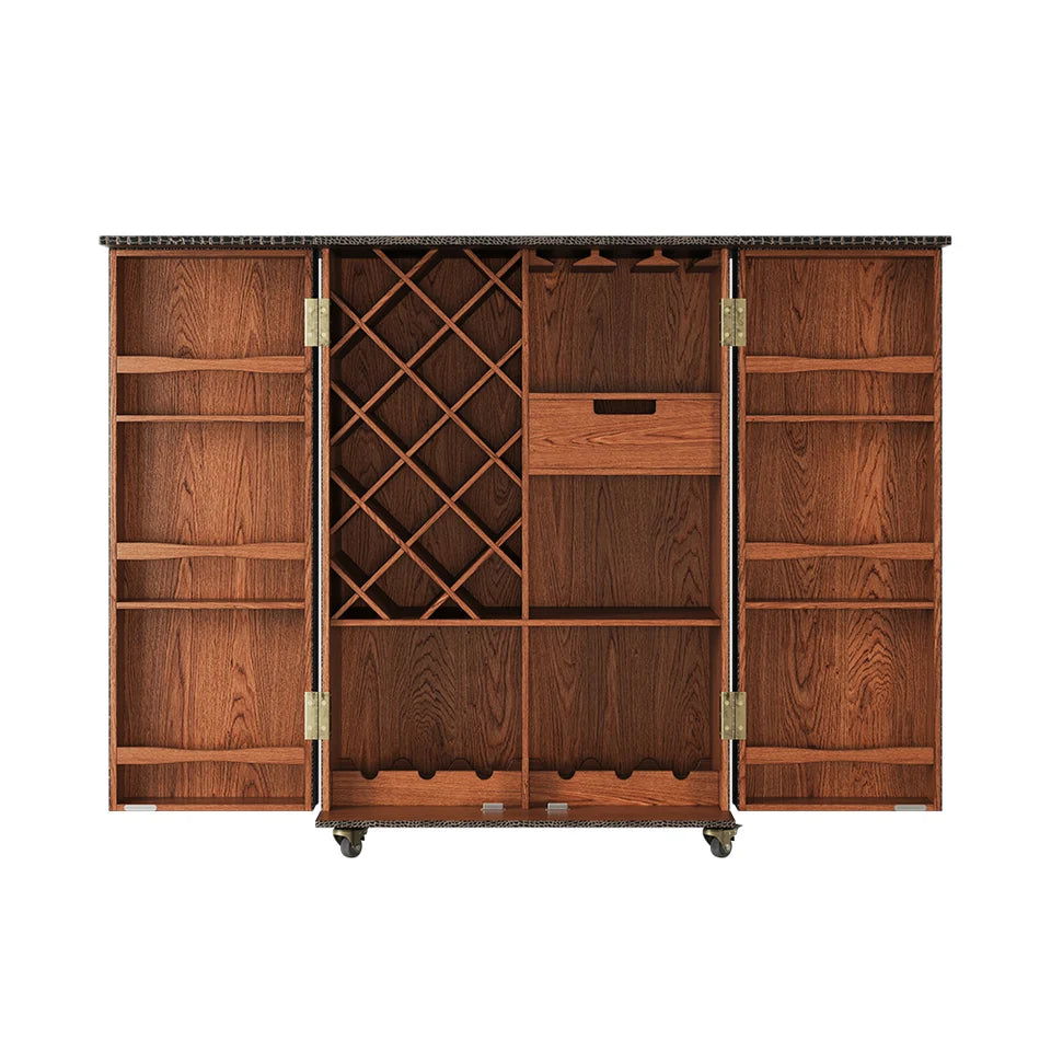 Industrial Black Leather Fold Out Home Bar Cabinet on Wheels with Storage Bar Table - 