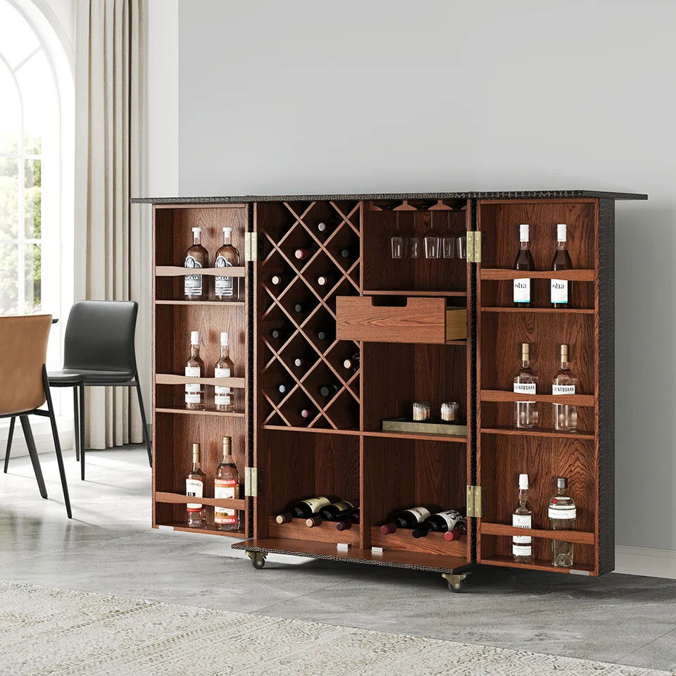 Industrial Black Leather Fold Out Home Bar Cabinet on Wheels with Storage Bar Table - Homary