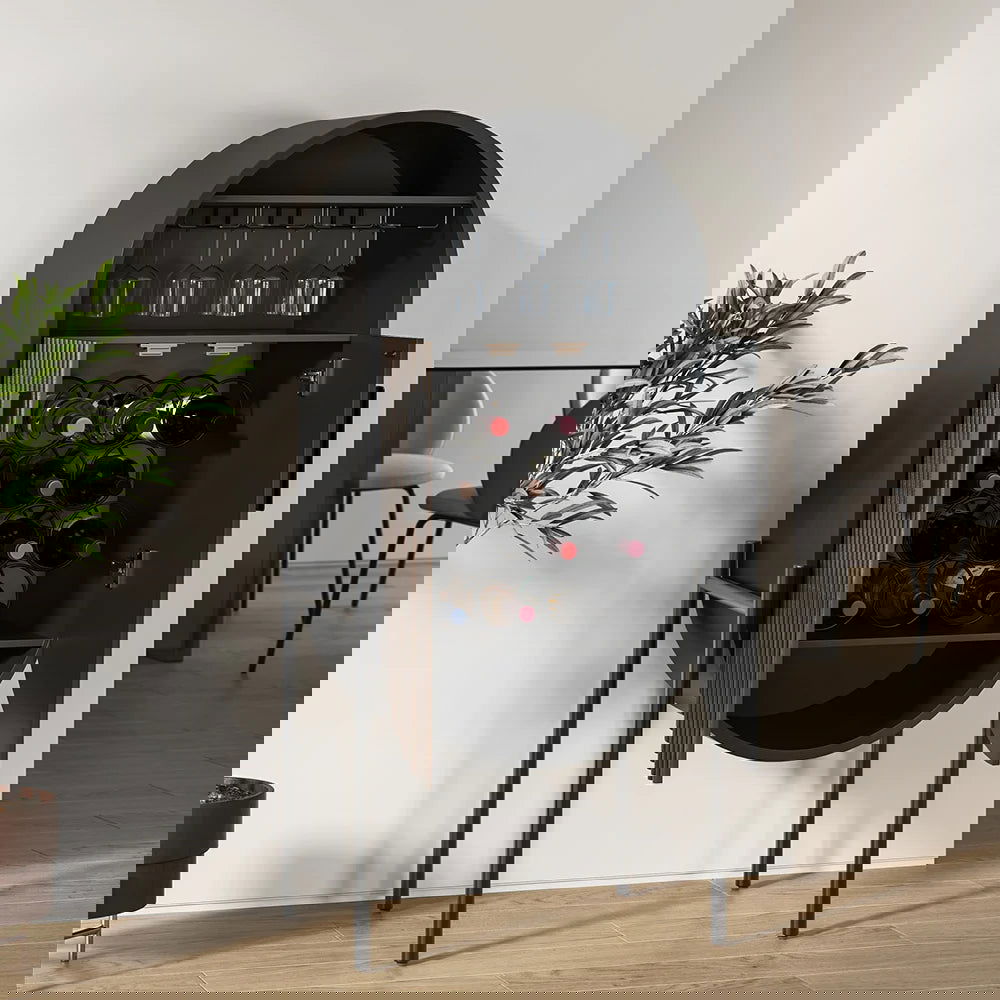 Industrial Black Oval Bar Cabinet with Glass & Wine Rack Home Bar Cabinet - 