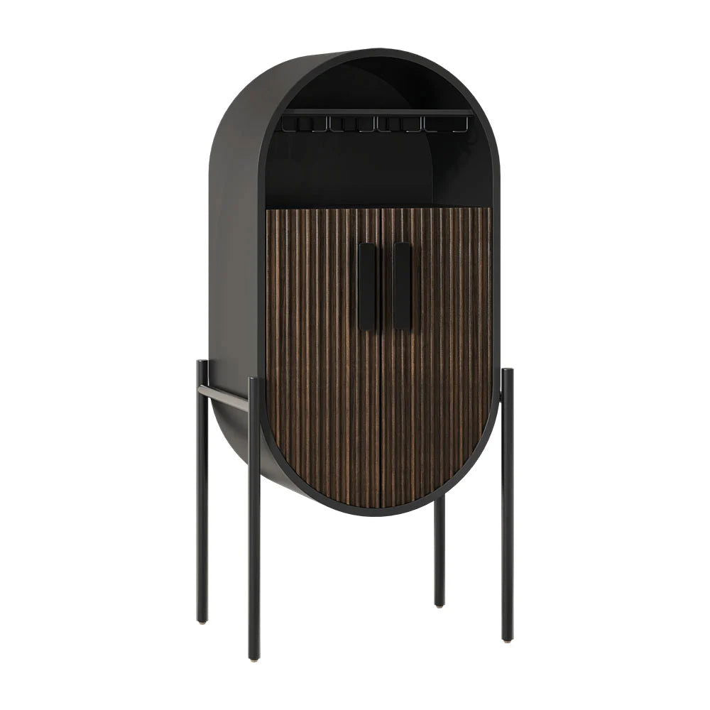 Industrial Black Oval Bar Cabinet with Glass & Wine Rack Home Bar Cabinet - 