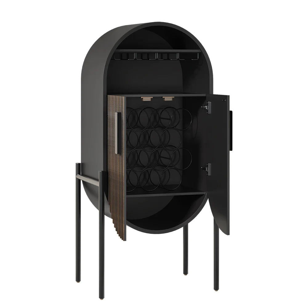 Industrial Black Oval Bar Cabinet with Glass & Wine Rack Home Bar Cabinet - 