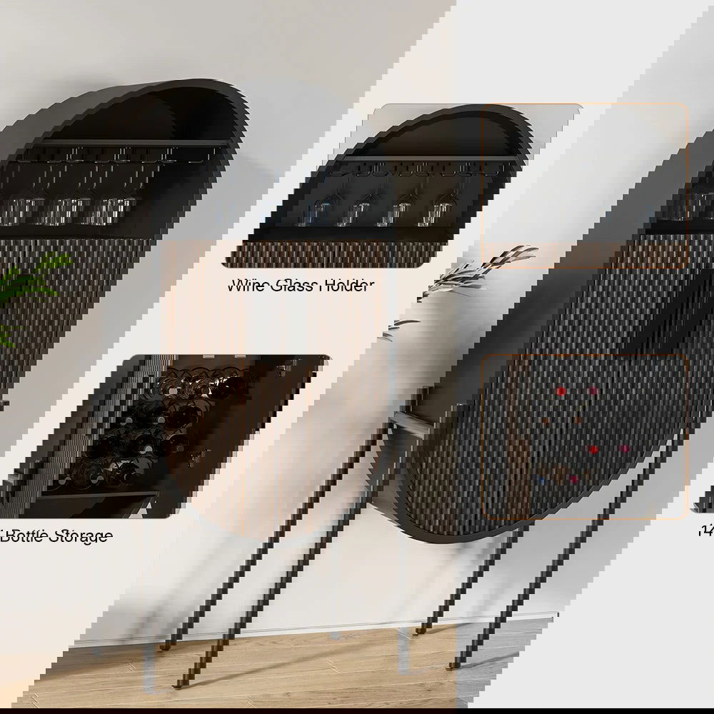 Industrial Black Oval Bar Cabinet with Glass & Wine Rack Home Bar Cabinet - 