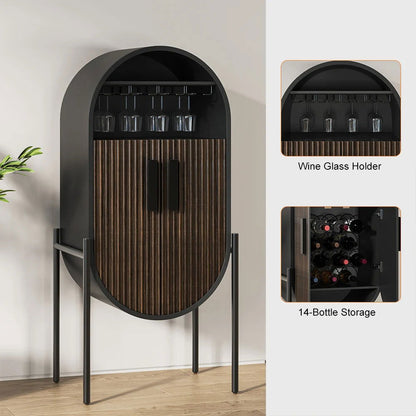 Industrial Black Oval Bar Cabinet with Glass & Wine Rack Home Bar Cabinet - 