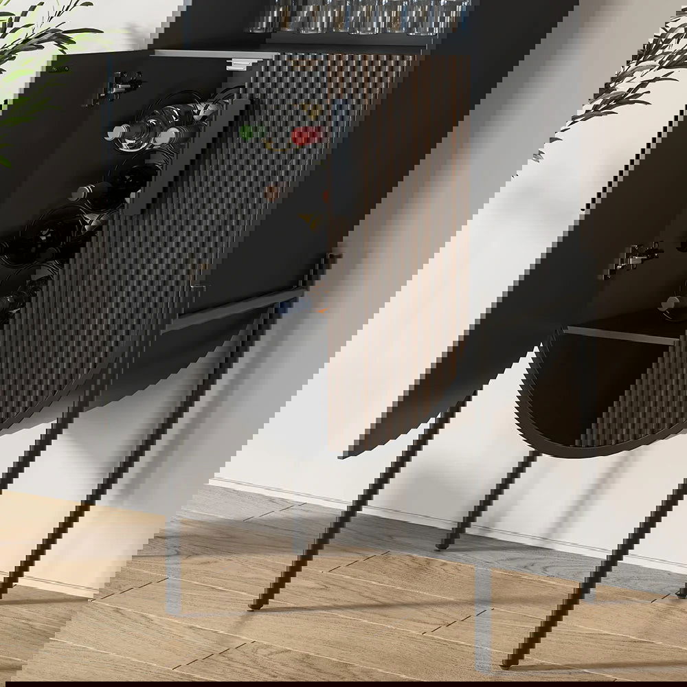 Industrial Black Oval Bar Cabinet with Glass & Wine Rack Home Bar Cabinet - 