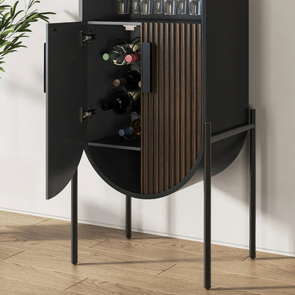 Industrial Black Oval Bar Cabinet with Glass & Wine Rack Home Bar Cabinet - 