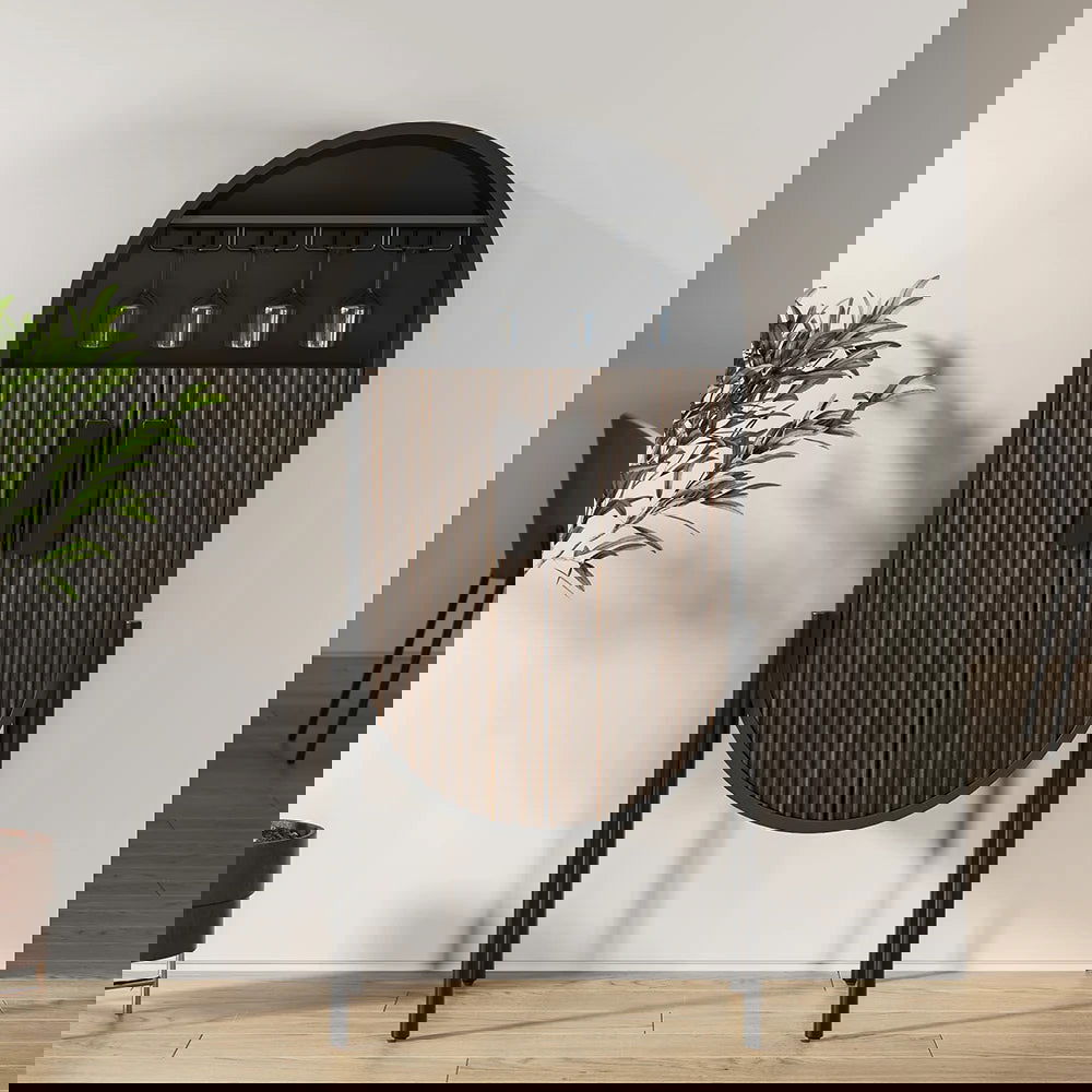 Industrial Black Oval Bar Cabinet with Glass & Wine Rack Home Bar Cabinet - 