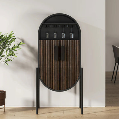 Industrial Black Oval Bar Cabinet with Glass & Wine Rack Home Bar Cabinet - 