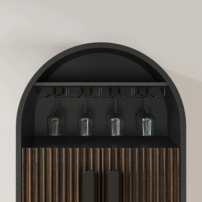 Industrial Black Oval Bar Cabinet with Glass & Wine Rack Home Bar Cabinet - 