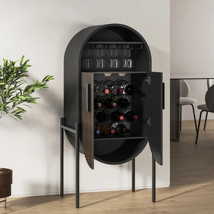 Industrial Black Oval Bar Cabinet with Glass & Wine Rack Home Bar Cabinet - Homary