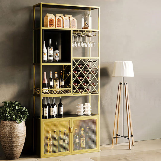 Industrial Gold 5-Tier Metal Wine Baker Rack with Glass Holder and 12 Bottles - Homary