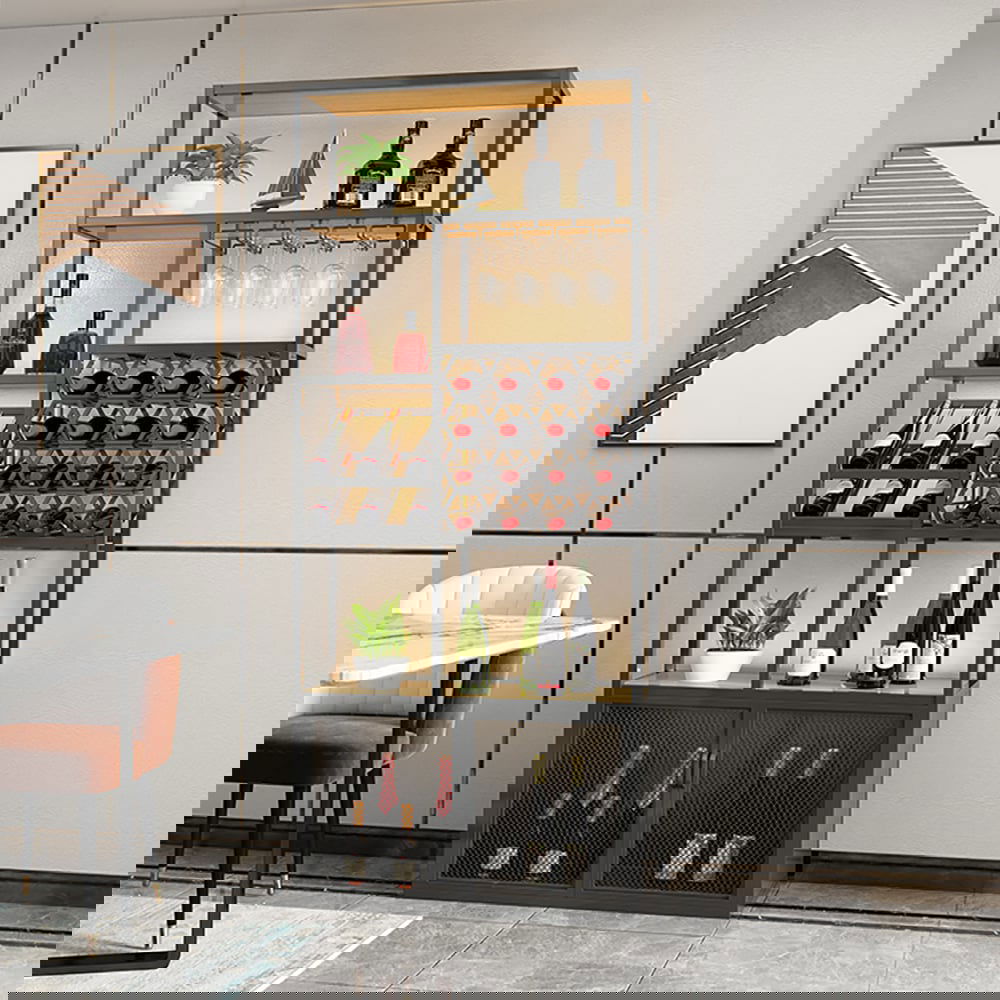 Industrial Standing Wine Rack with Glass Rack - 