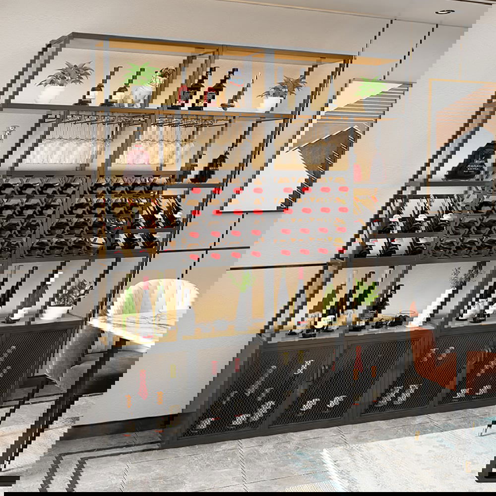 Industrial Standing Wine Rack with Glass Rack - 