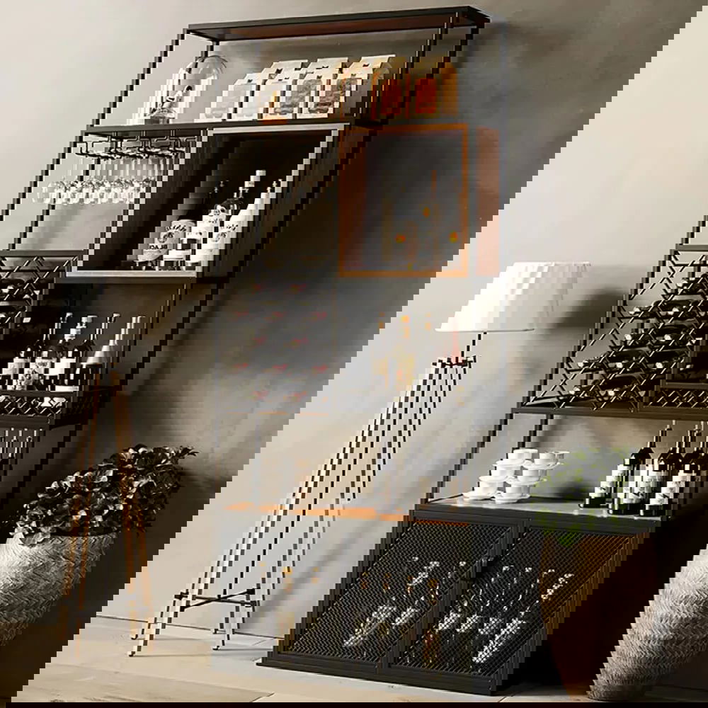 Industrial Tall Black Bar Wine Rack Cabinet with Glass Holder Wood Home Bar Cabinet - Homary