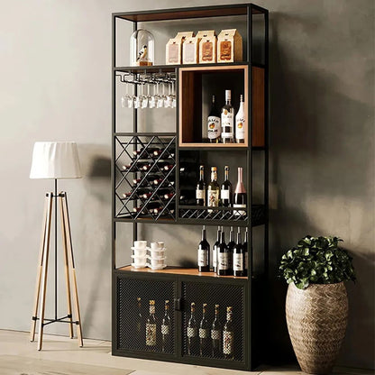 Industrial Tall Black Bar Wine Rack Cabinet with Glass Holder Wood Home Bar Cabinet - Homary