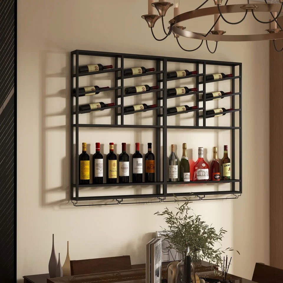 Industrial Wall Mounted Wine Rack with Bottle Rack -Black - 