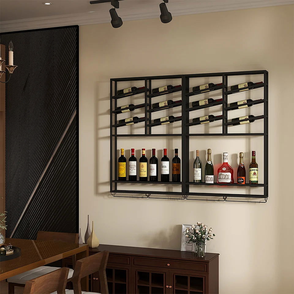 Industrial Wall Mounted Wine Rack with Bottle Rack -Black - 