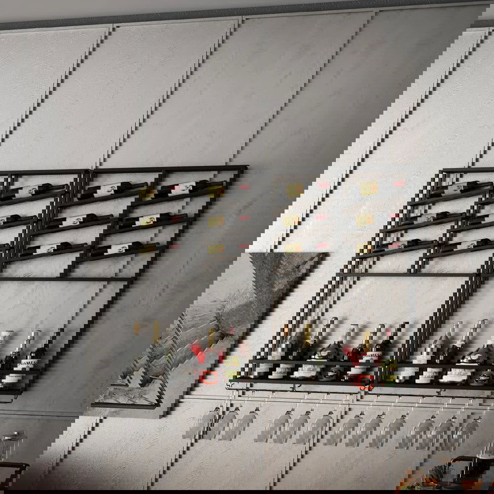 Industrial Wall Mounted Wine Rack with Bottle Rack -Black - 