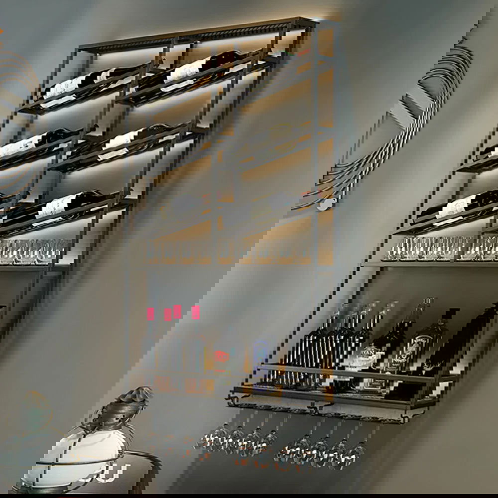 Industrial Wall Mounted Wine Rack with Bottle Rack -Black - 