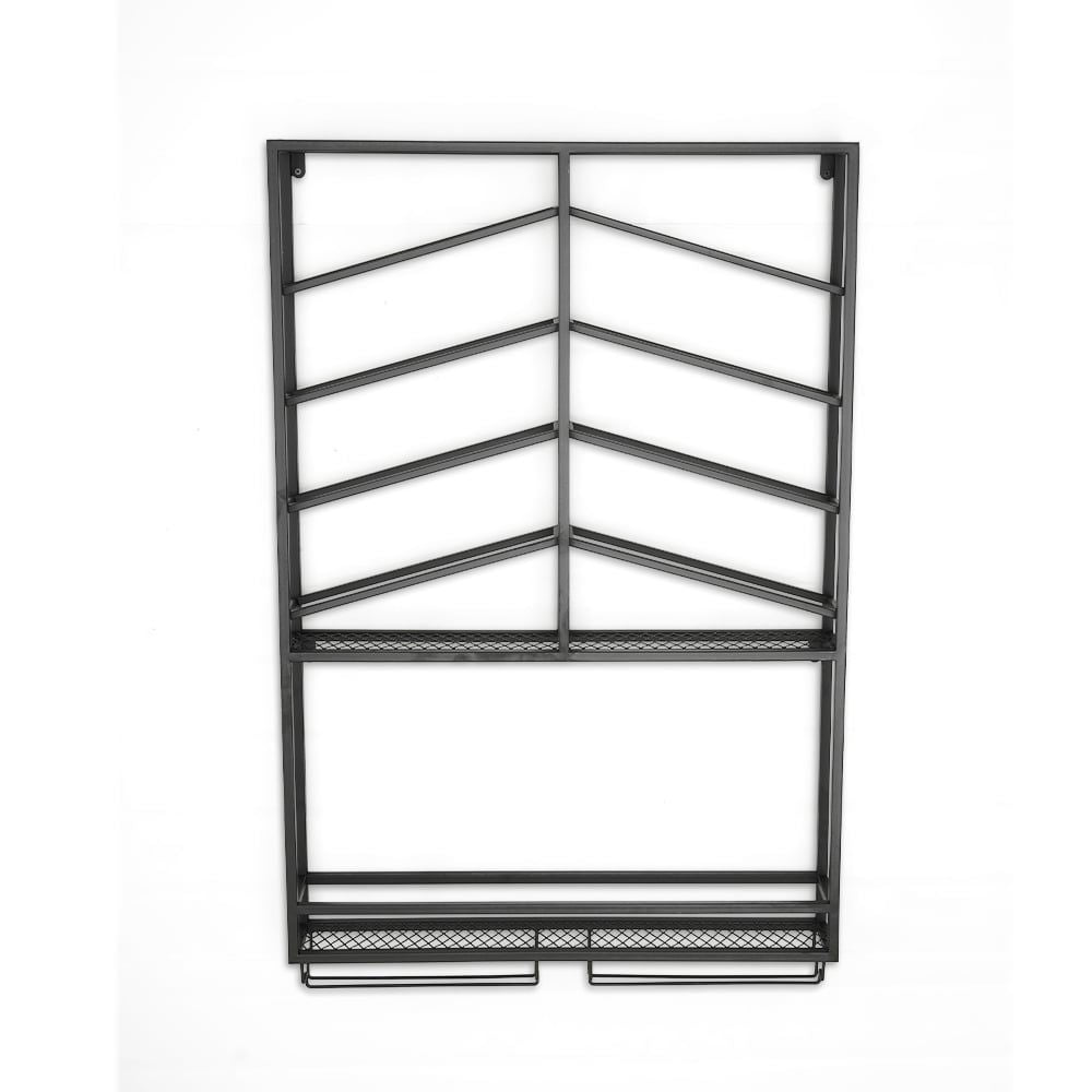 Industrial Wood & Metal Wall Mounted Black Wine Rack with Glass & Bottle Rack - 