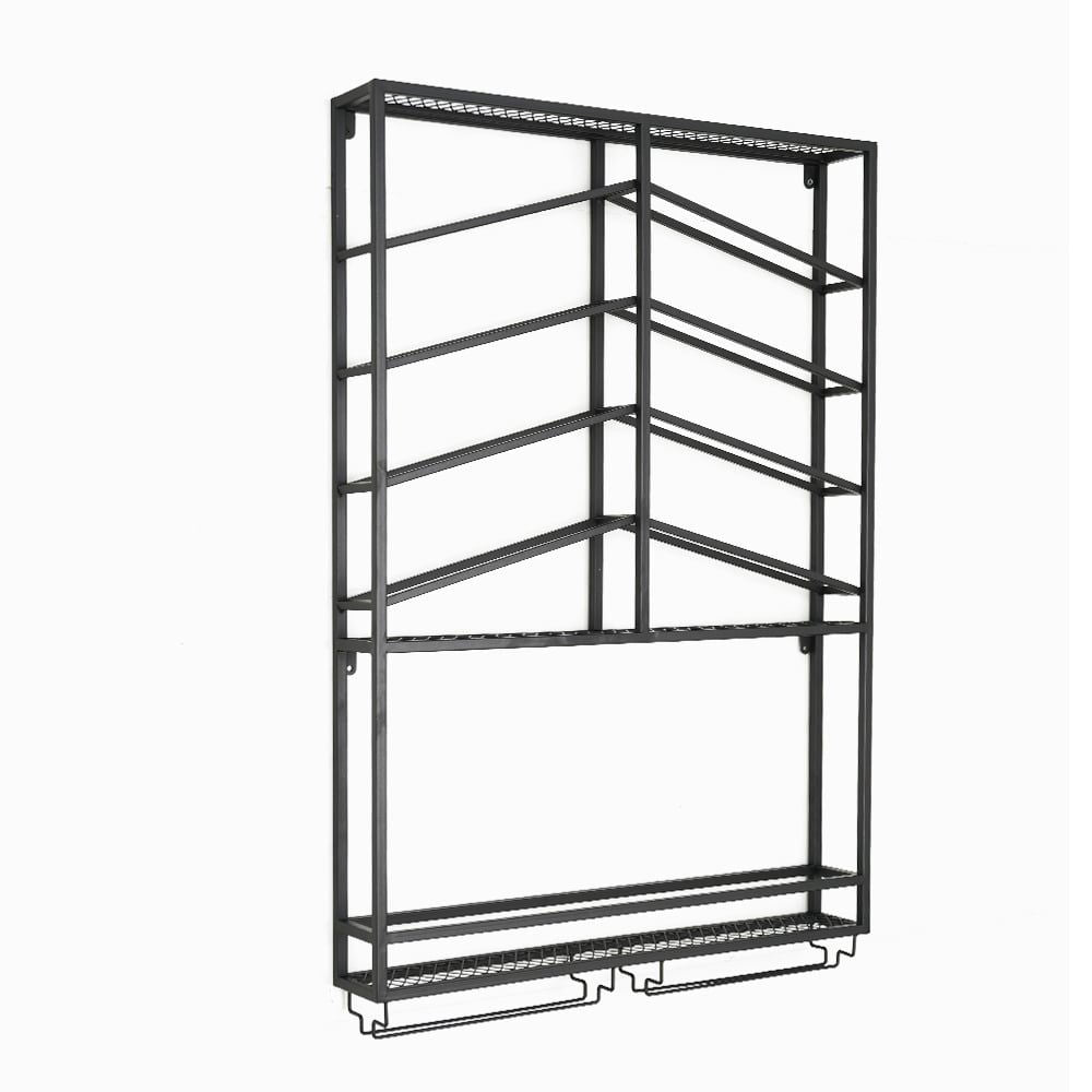 Industrial Wood & Metal Wall Mounted Black Wine Rack with Glass & Bottle Rack - 