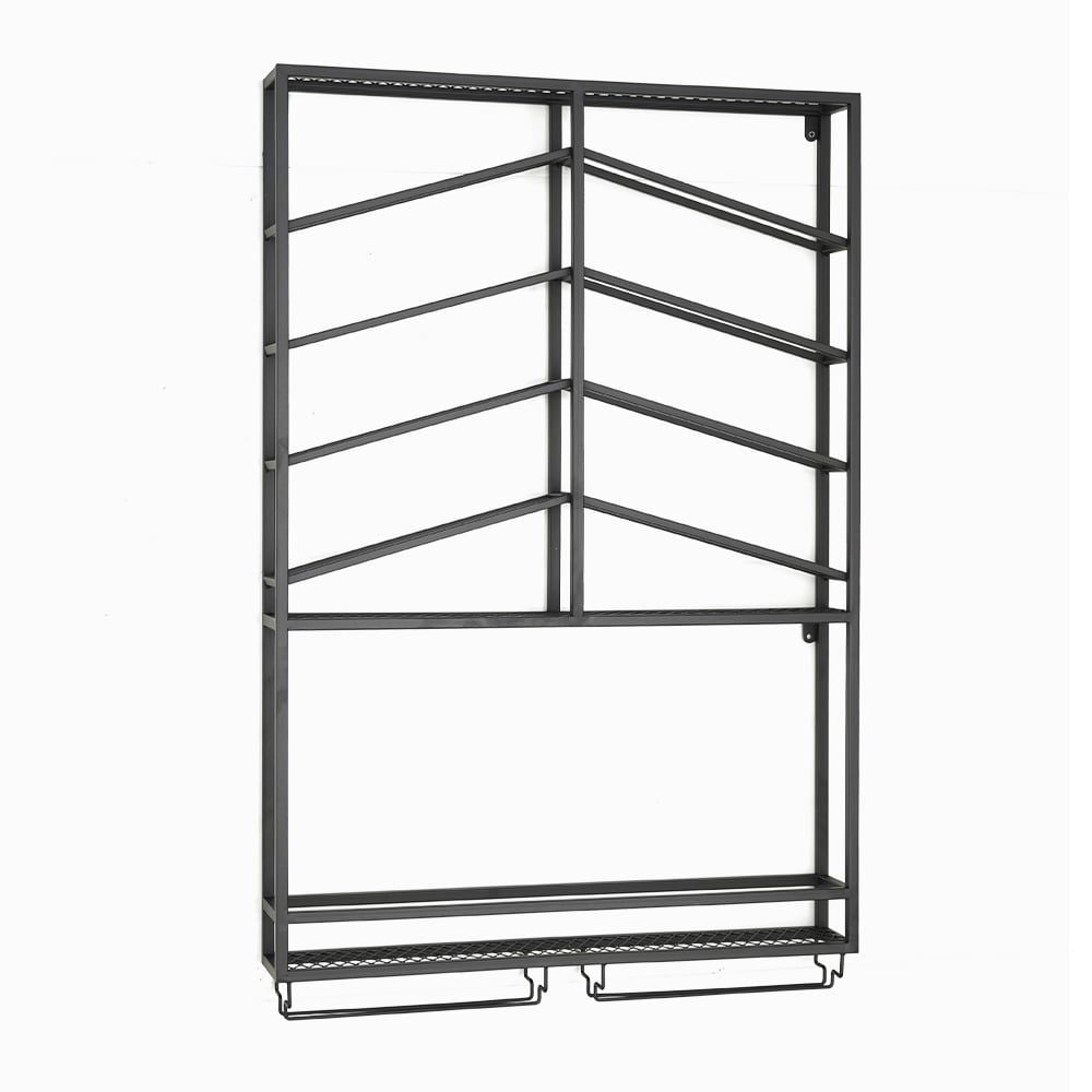 Industrial Wood & Metal Wall Mounted Black Wine Rack with Glass & Bottle Rack - 