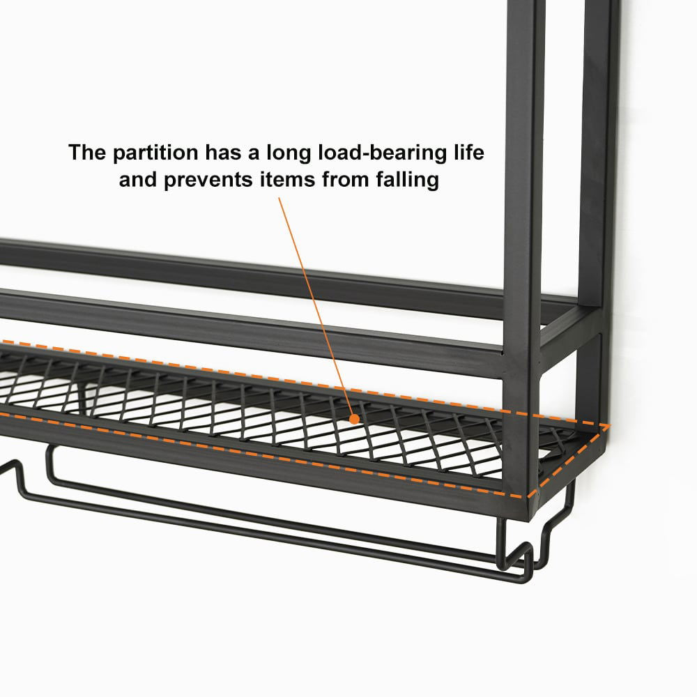 Industrial Wood & Metal Wall Mounted Black Wine Rack with Glass & Bottle Rack - 