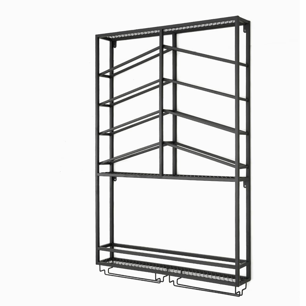 Industrial Wood & Metal Wall Mounted Black Wine Rack with Glass & Bottle Rack - 
