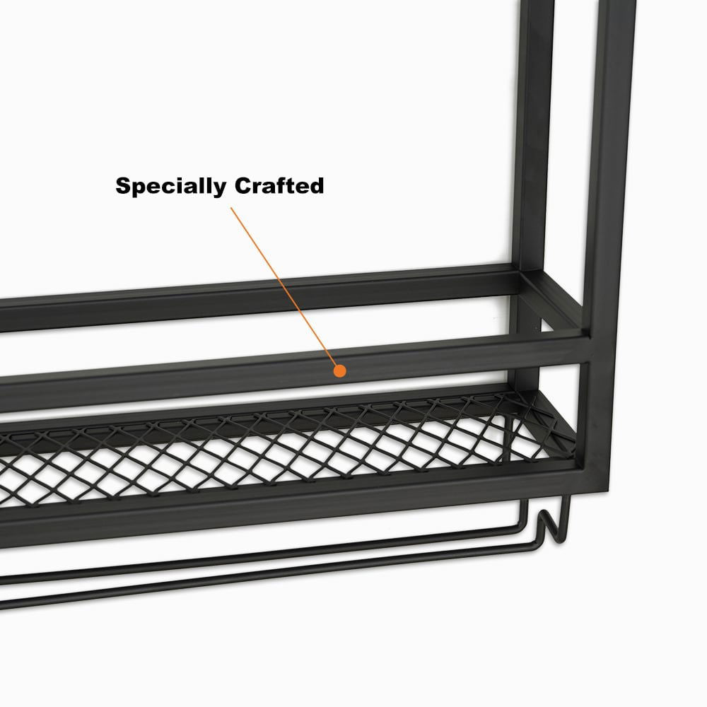 Industrial Wood & Metal Wall Mounted Black Wine Rack with Glass & Bottle Rack - 