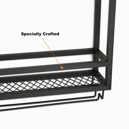 Industrial Wood & Metal Wall Mounted Black Wine Rack with Glass & Bottle Rack - 