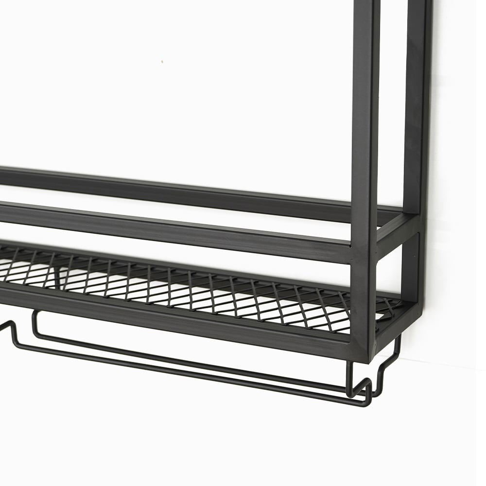 Industrial Wood & Metal Wall Mounted Black Wine Rack with Glass & Bottle Rack - 