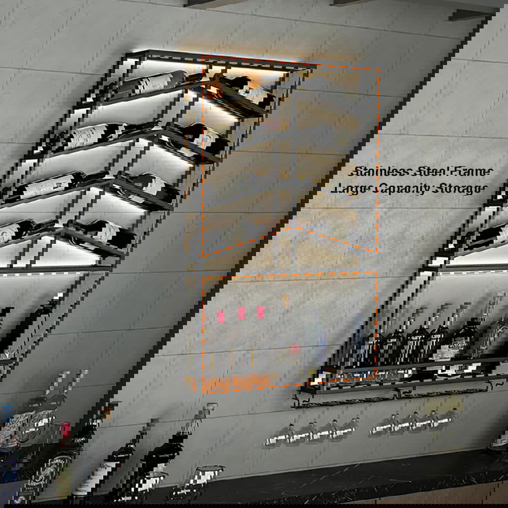 Industrial Wood & Metal Wall Mounted Black Wine Rack with Glass & Bottle Rack - 