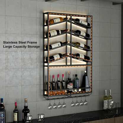 Industrial Wood & Metal Wall Mounted Black Wine Rack with Glass & Bottle Rack - 
