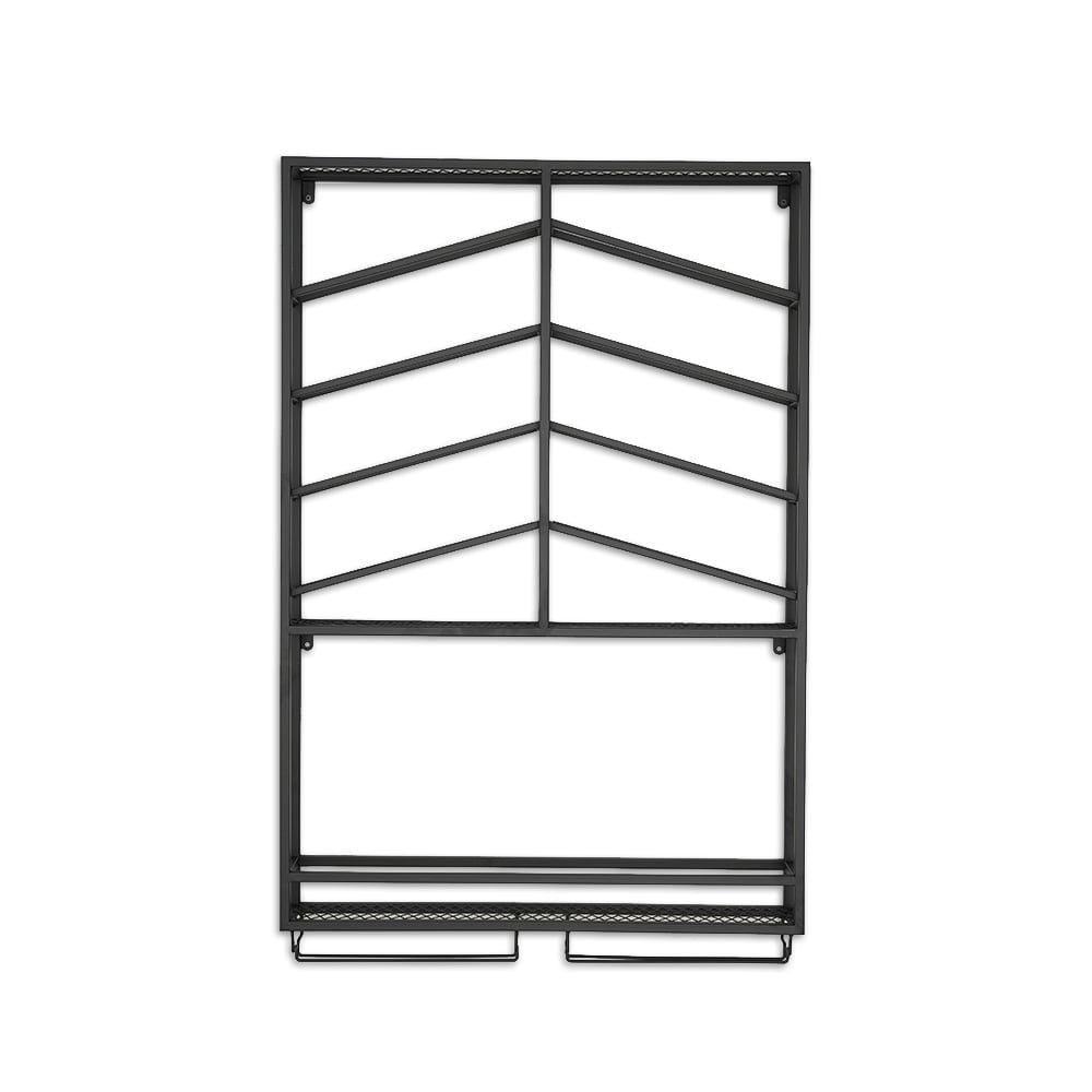Industrial Wood & Metal Wall Mounted Black Wine Rack with Glass & Bottle Rack - 