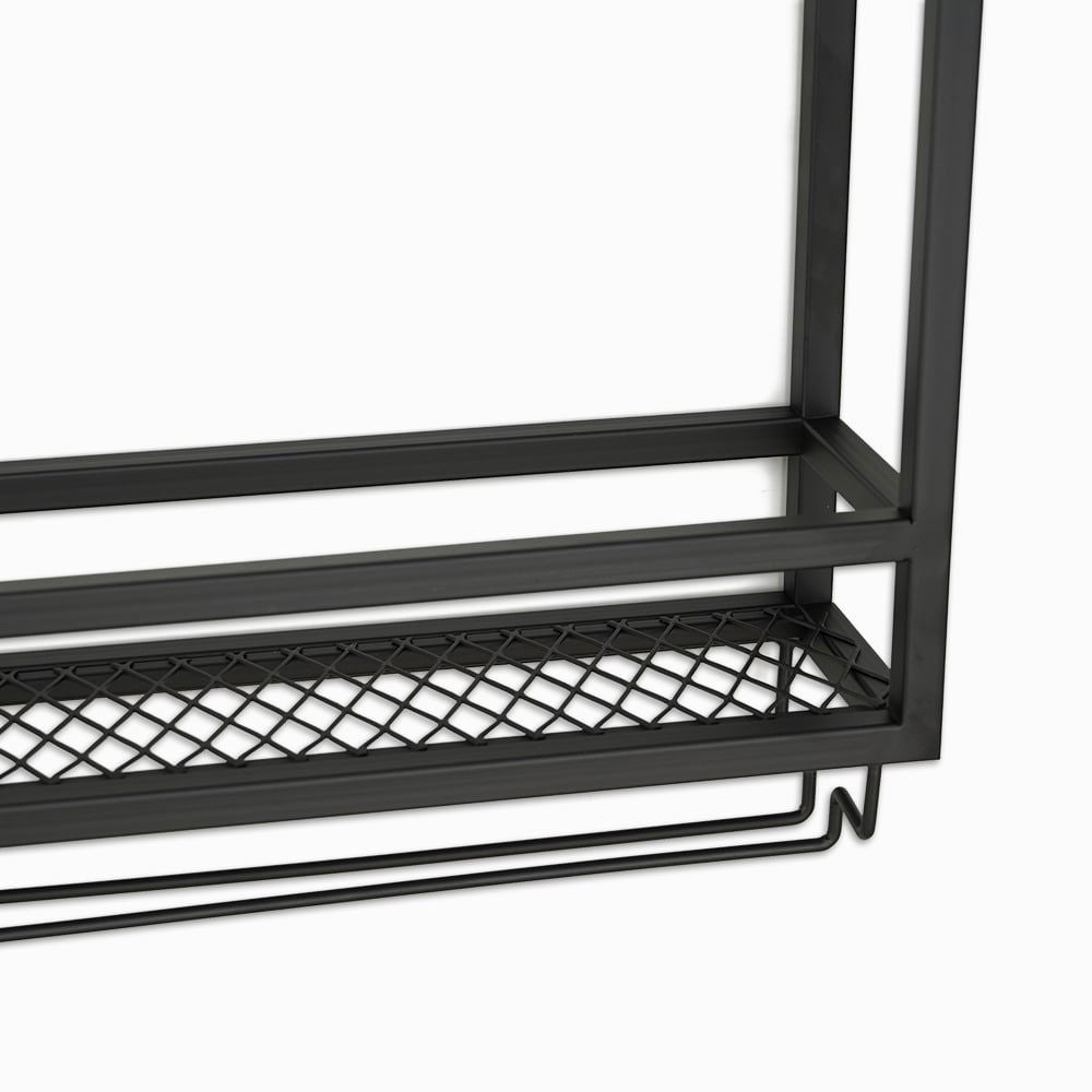 Industrial Wood & Metal Wall Mounted Black Wine Rack with Glass & Bottle Rack - 