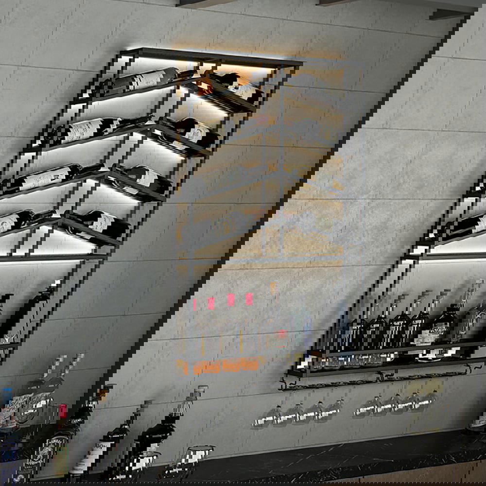 Industrial Wood & Metal Wall Mounted Black Wine Rack with Glass & Bottle Rack - Homary