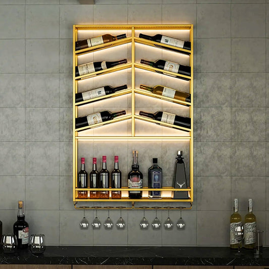 Industrial Wood&Metal Wall Mounted Gold Wine Rack with Glass & Bottle Rack - 