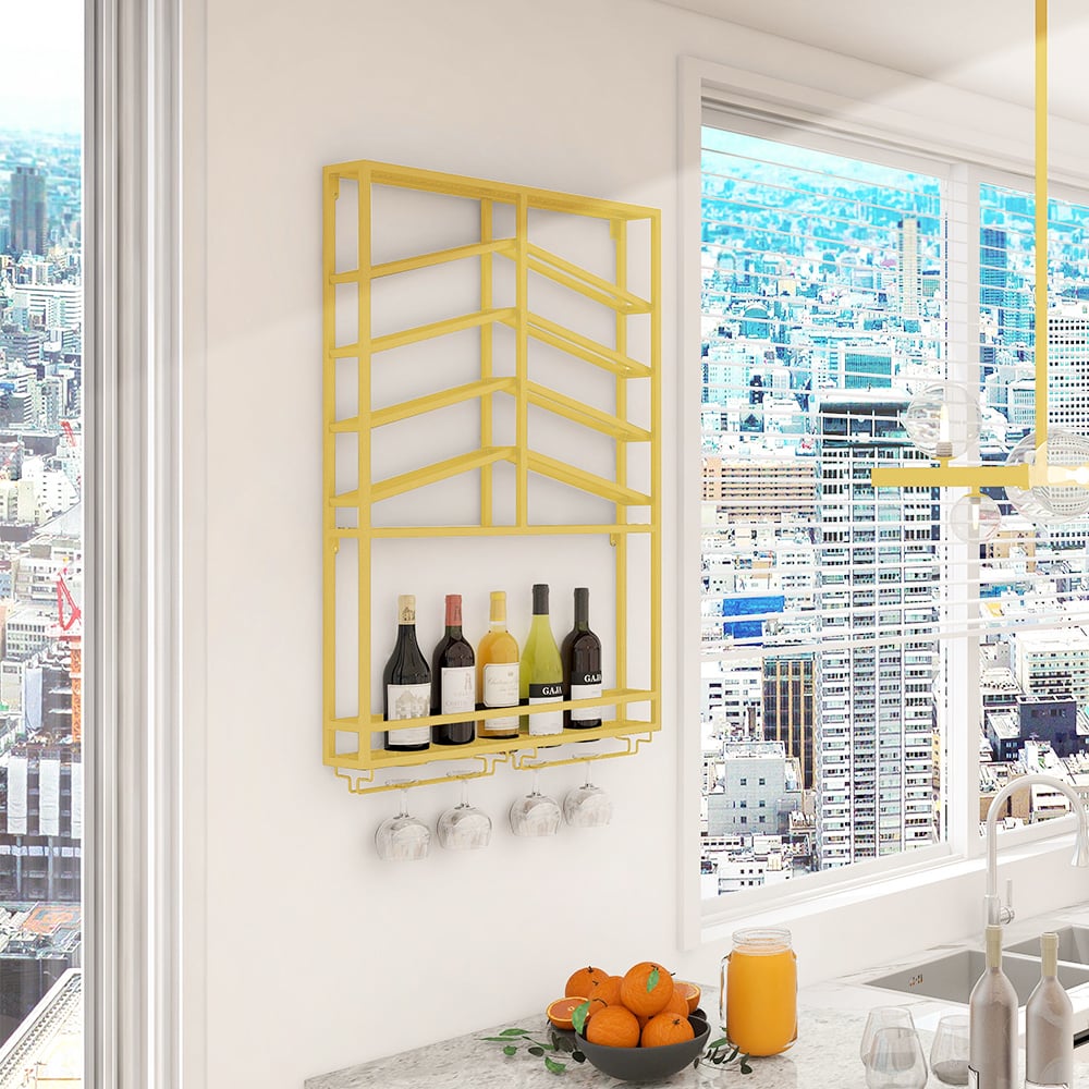Industrial Wood&Metal Wall Mounted Gold Wine Rack with Glass & Bottle Rack - 