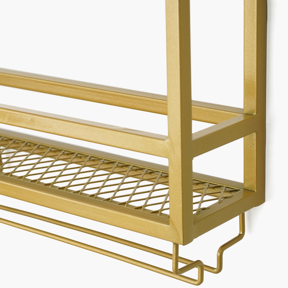 Industrial Wood&Metal Wall Mounted Gold Wine Rack with Glass & Bottle Rack - 