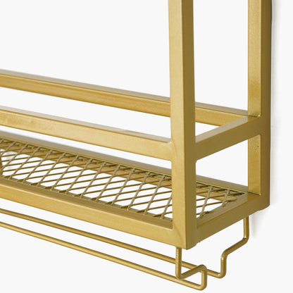 Industrial Wood&Metal Wall Mounted Gold Wine Rack with Glass & Bottle Rack - 
