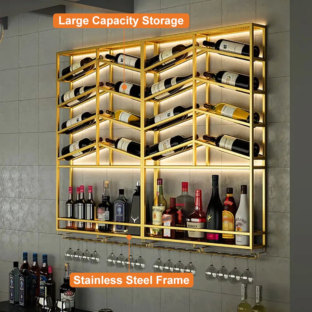 Industrial Wood&Metal Wall Mounted Gold Wine Rack with Glass & Bottle Rack - 