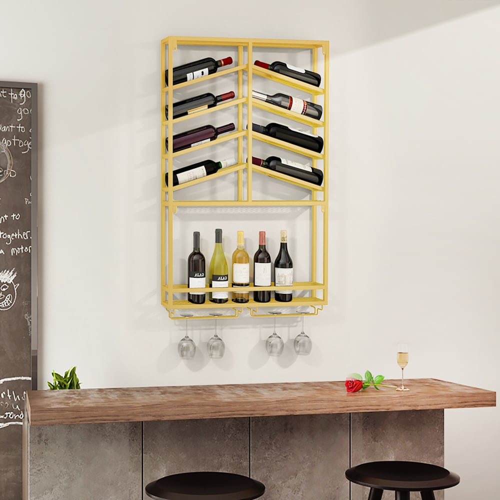 Industrial Wood&Metal Wall Mounted Gold Wine Rack with Glass & Bottle Rack - 