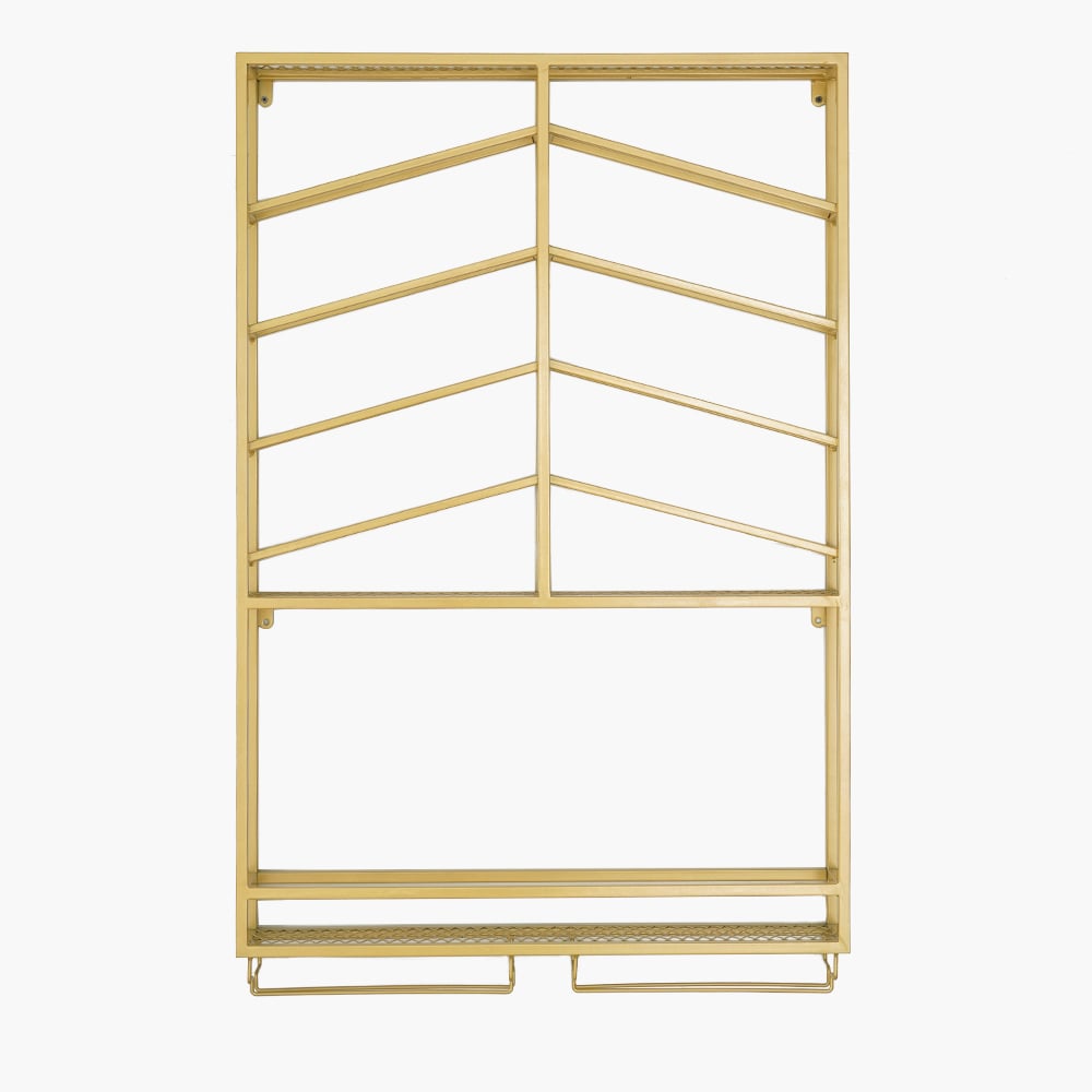 Industrial Wood&Metal Wall Mounted Gold Wine Rack with Glass & Bottle Rack - 