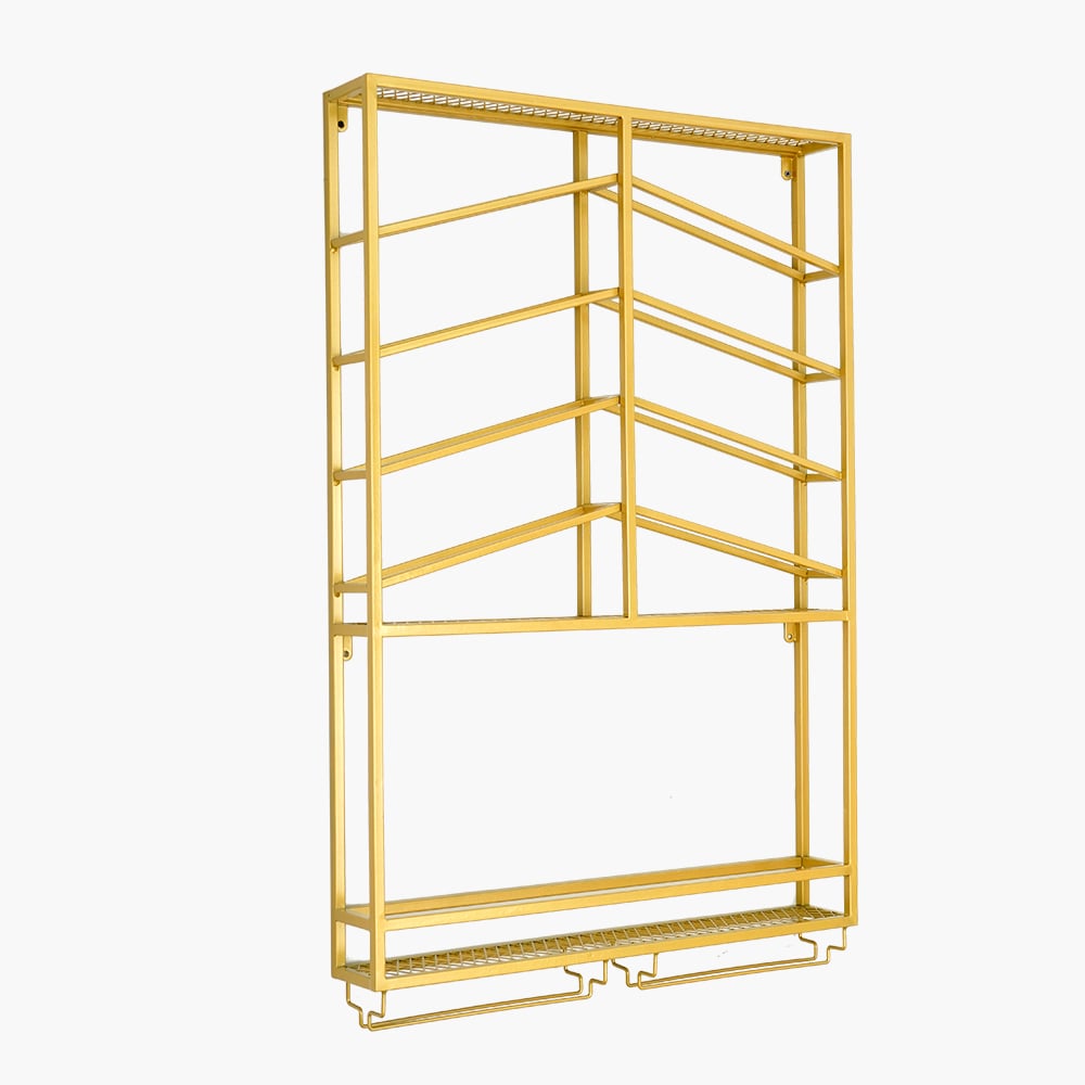 Industrial Wood&Metal Wall Mounted Gold Wine Rack with Glass & Bottle Rack - 