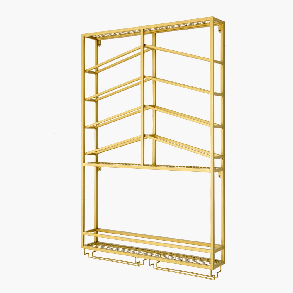 Industrial Wood&Metal Wall Mounted Gold Wine Rack with Glass & Bottle Rack - 