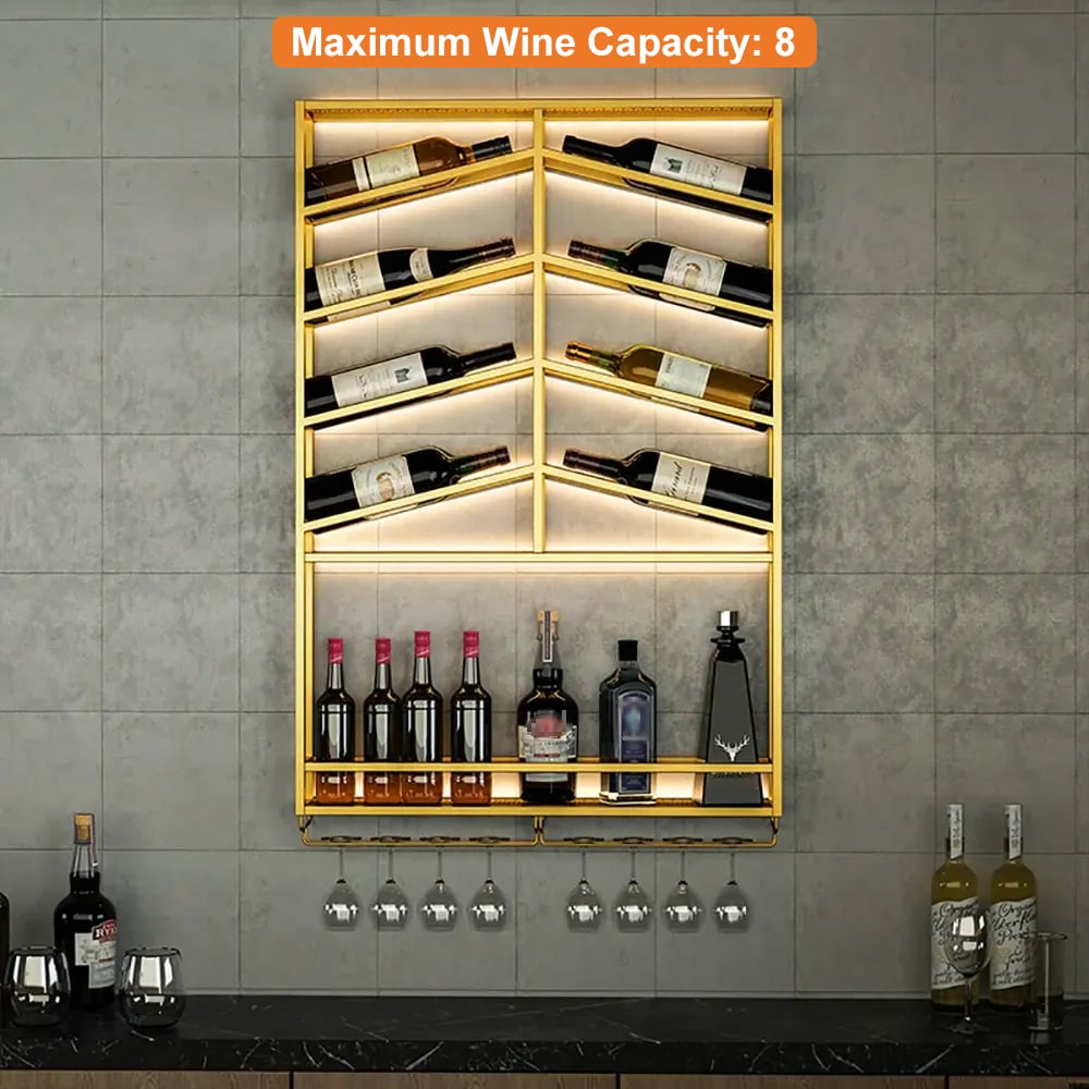Industrial Wood&Metal Wall Mounted Gold Wine Rack with Glass & Bottle Rack - 