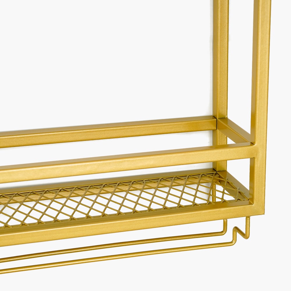Industrial Wood&Metal Wall Mounted Gold Wine Rack with Glass & Bottle Rack - 